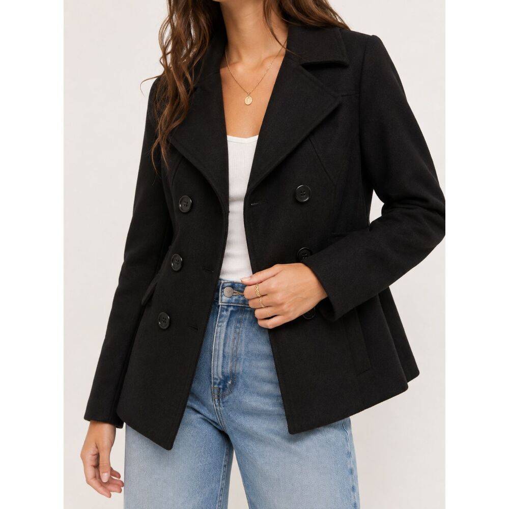 GUESS Black Wool Blend Peacoat Jacket M Double Breasted Classic Coat Preppy
